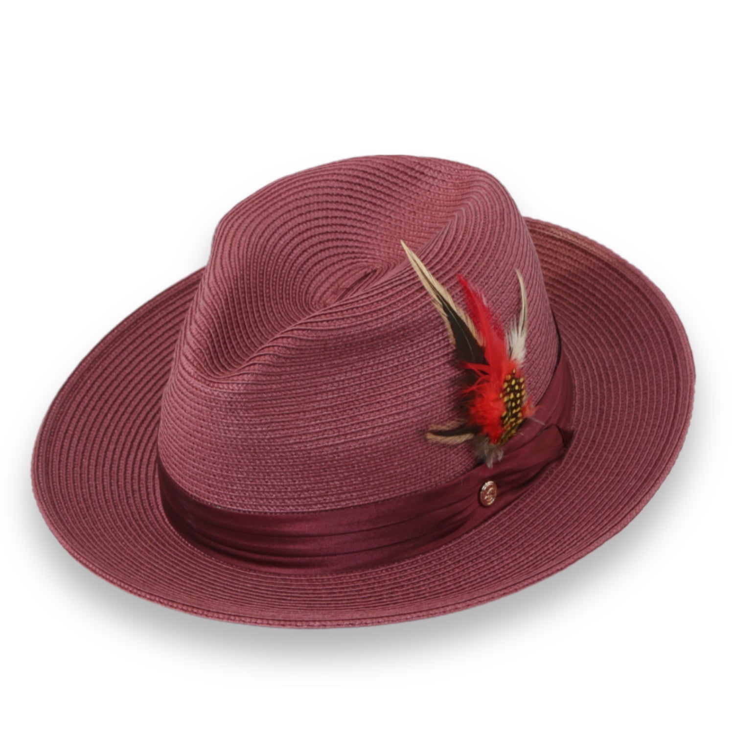 Tapa Crushable Straw Hat Fedora in Burgundy - Small