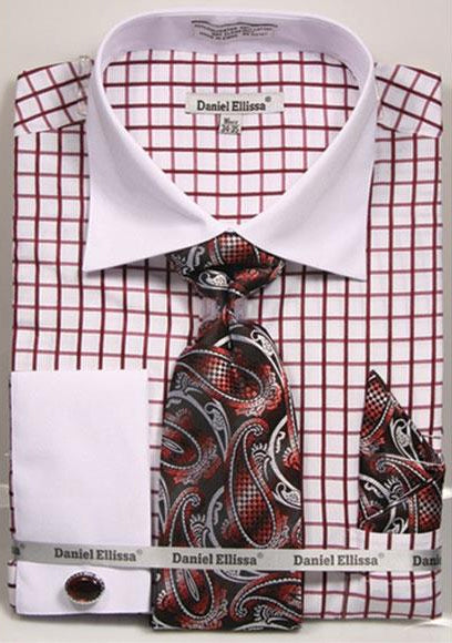 Daniel Ellissa Checked Pattern Two Tone French Cuff Burgundy ~ Wine ~ Maroon Color White Collar Big And Tall Sizes Two Toned Contrast 18 19 20 21 22 Inch Neck Men's Dress Shirt