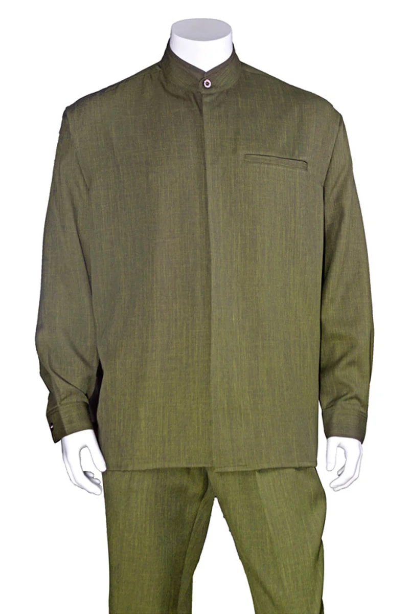 Mens Long Sleeve Mandarin Collar Casual Leisure Set in Olive - S