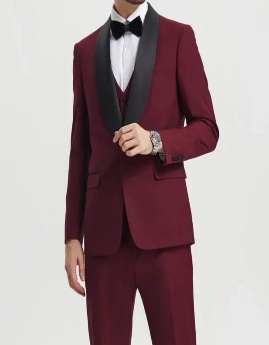 Stacy Adams 3pc Tuxedo Shawl Lapel, Burgundy Red - 38 Short Jacket+32 Waist Adjustable 28to34)(Height: 5 4 to5 7 )(Neck  15-16.5)S-M)