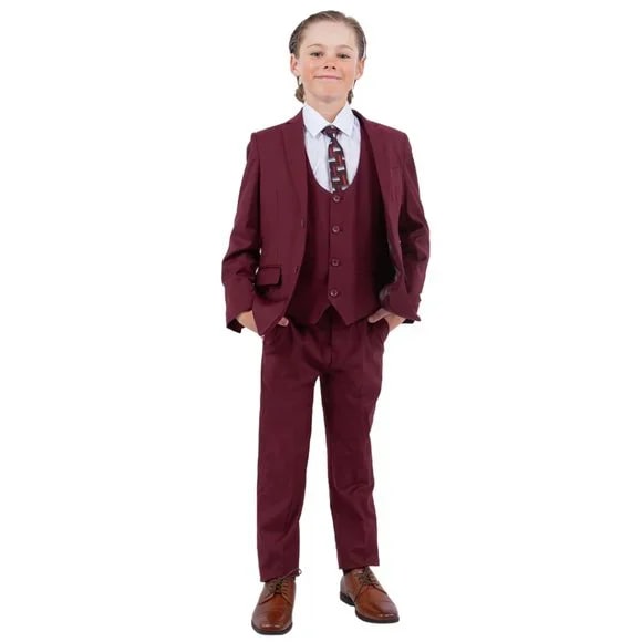 Exclusive Stacy Adams 5pc Boys Suit Solid Slim Fit, Burgundy - Boy Size : 4 (Weight 38 to 49)