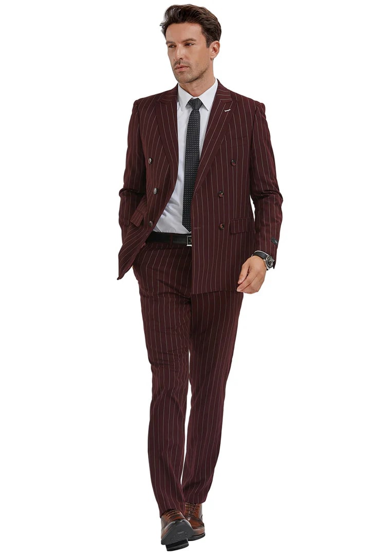 Cheap Suit - Men's Slim Fit Double Breasted Bold Gangster Pinstripe Burgundy Suit