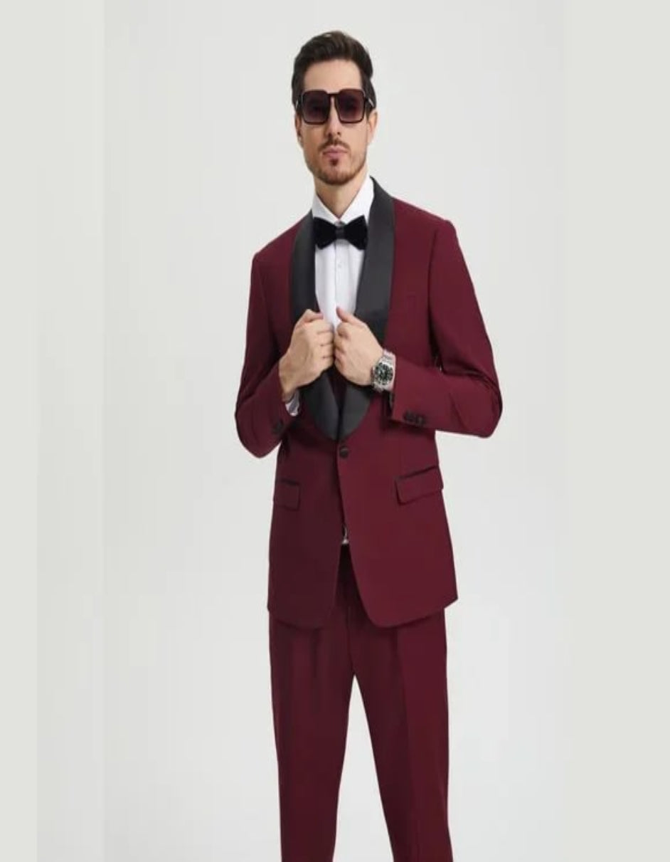 Stacy Adams 3pc Tuxedo Shawl Lapel, Burgundy Red - 38 Short Jacket+32 Waist Adjustable 28to34)(Height: 5 4 to5 7 )(Neck  15-16.5)S-M)