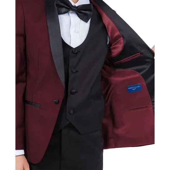 New Perry Ellis Boys Burgundy Tuxedo Set, Solid 5-Piece Black Shawl Collar