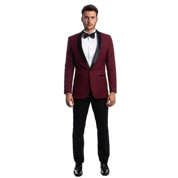 Mens Burgundy Tuxedo 2-PC Slim Fit, By Azzuro - 38 Short Jacket+32 Waist Adjustable 28to34)(Height: 5 4 to5 7 )(Neck  15-16.5)S-M)