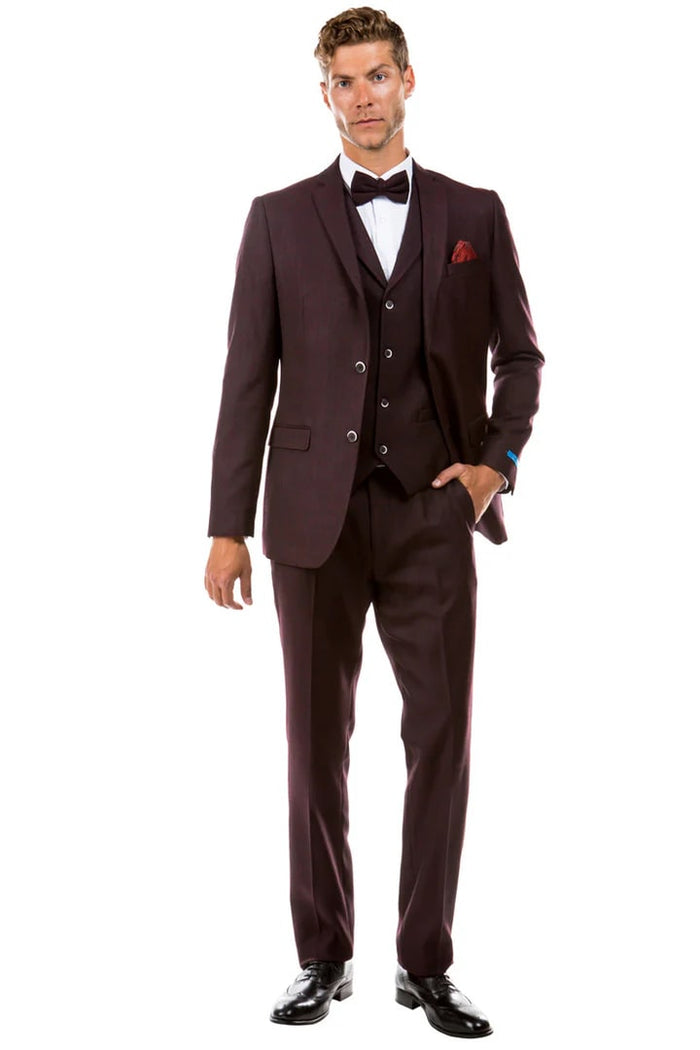 Cheap priced Suit- Men's Two Button Vested Vintage Style Tweed Wedding Burgundy Suit