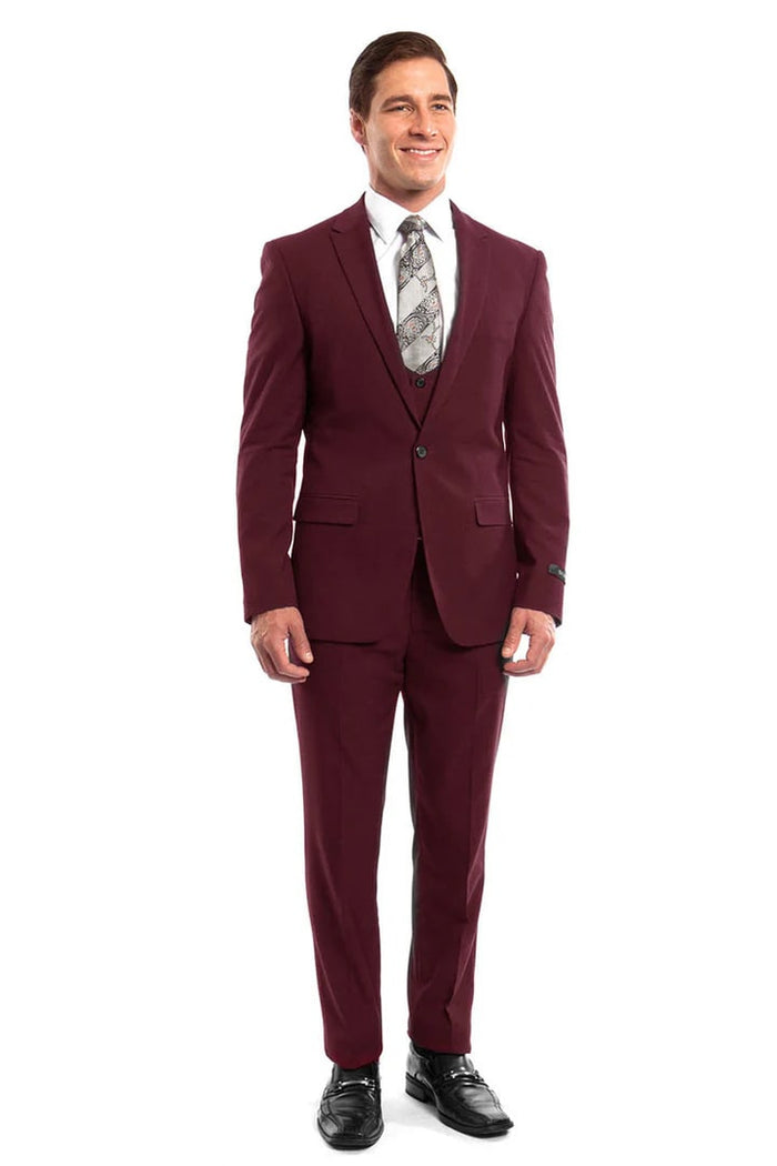 Cheap Priced Suit- Men's One Button Peak Lapel Skinny Wedding & Prom 2026 Burgundy Suit With Lowcut Vest Burgundy Prom 2026 Suits