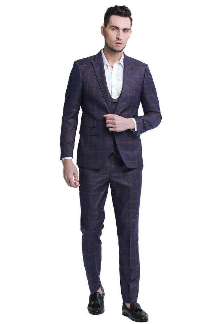 Cheap priced Suit  - Men's One Button Slim Fit Double Breasted Vest  Burgundy Plaid Suit