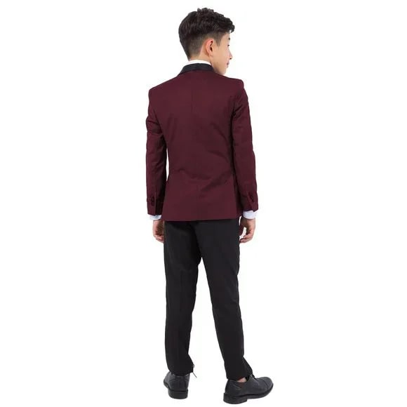 New Perry Ellis Boys Burgundy Tuxedo Set, Solid 5-Piece Black Shawl Collar