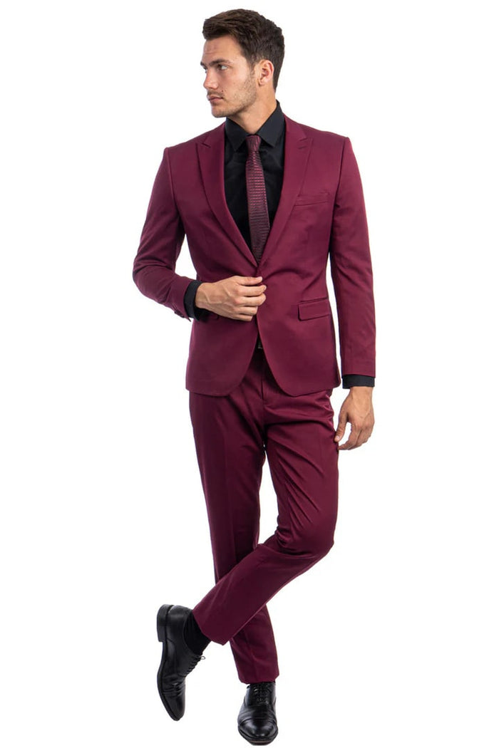 Cheap Priced Suit - Men's One Button Peak Lapel Basic Slim Fit Burgundy Suit