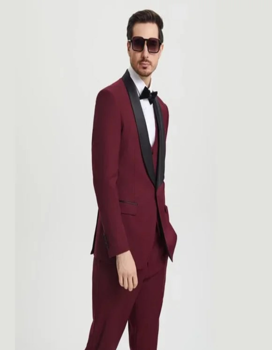 Stacy Adams 3pc Tuxedo Shawl Lapel, Burgundy Red - 38 Short Jacket+32 Waist Adjustable 28to34)(Height: 5 4 to5 7 )(Neck  15-16.5)S-M)