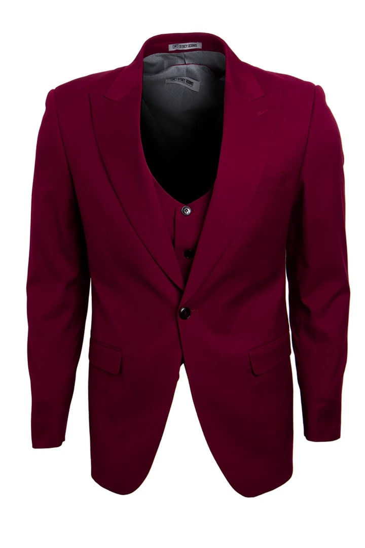 Cheap priced Suit  - Men's Vested One Button Peak Lapel Stacy Adams Burgundy Suit - 38 Short Jacket+32 Waist Adjustable 28to34)(Height: 5 4 to5 7 )(Neck  15-16.5)S-M)