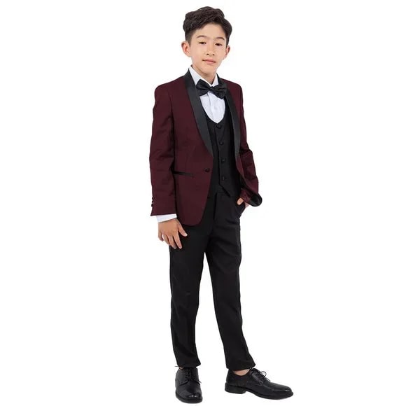 New Perry Ellis Boys Burgundy Tuxedo Set, Solid 5-Piece Black Shawl Collar