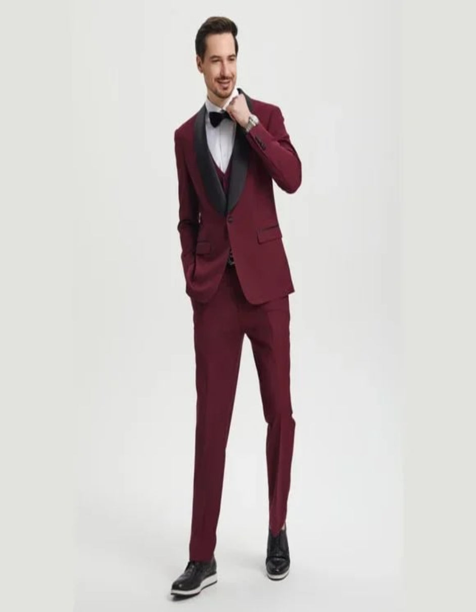 Stacy Adams 3pc Tuxedo Shawl Lapel, Burgundy Red - 38 Short Jacket+32 Waist Adjustable 28to34)(Height: 5 4 to5 7 )(Neck  15-16.5)S-M)