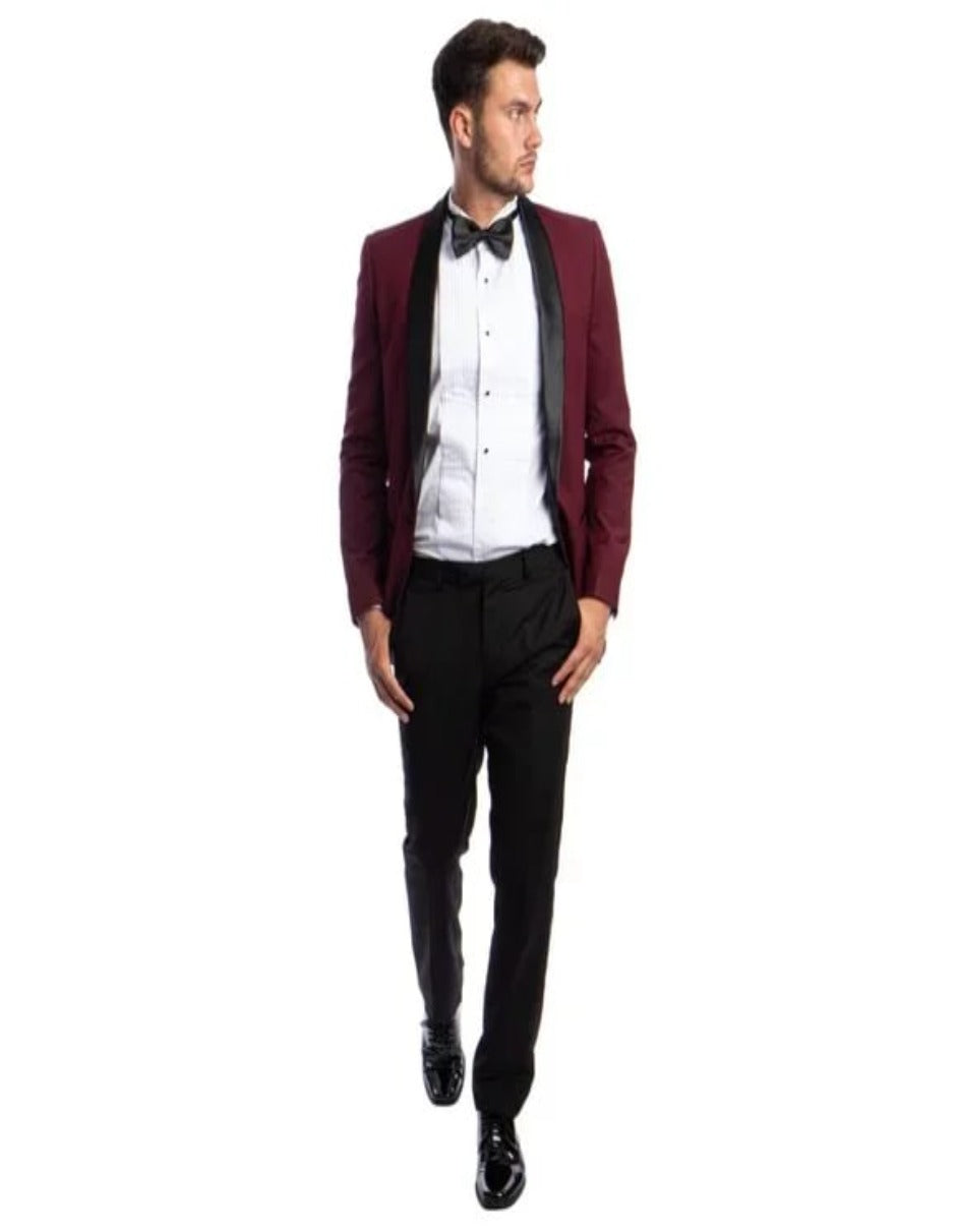 Mens Burgundy Tuxedo 2-PC Slim Fit, By Azzuro - 38 Short Jacket+32 Waist Adjustable 28to34)(Height: 5 4 to5 7 )(Neck  15-16.5)S-M)