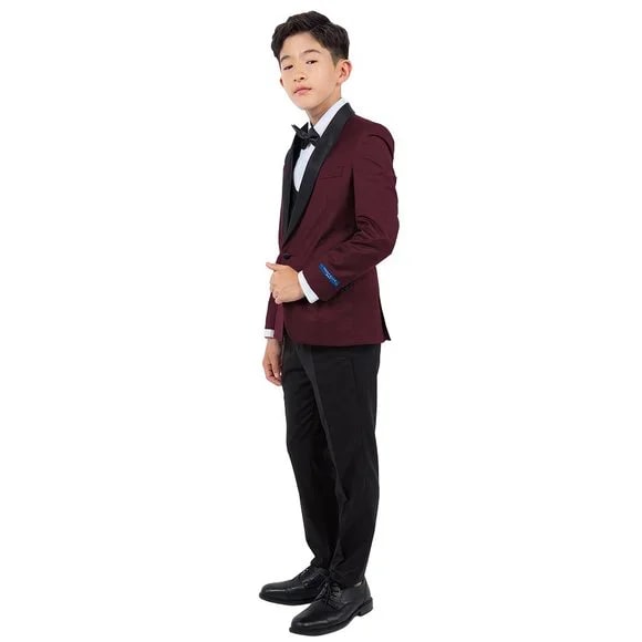 New Perry Ellis Boys Burgundy Tuxedo Set, Solid 5-Piece Black Shawl Collar