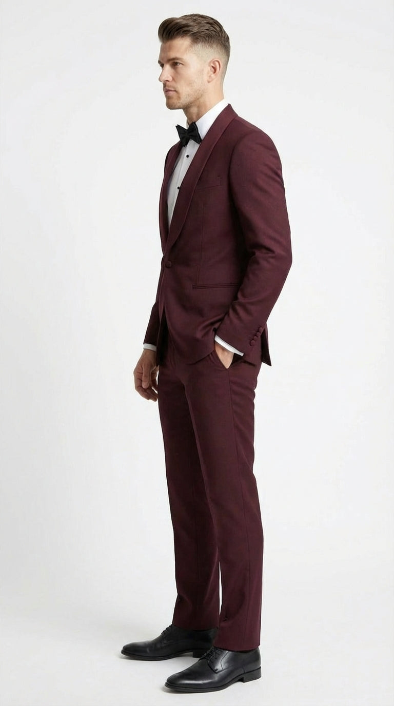 Men's Burgundy and Burgundy Shawl Lapel Tuxedo Suit | Classic Formal Wedding Prom Dinner Jacket Set - 34 Short or Extra Small