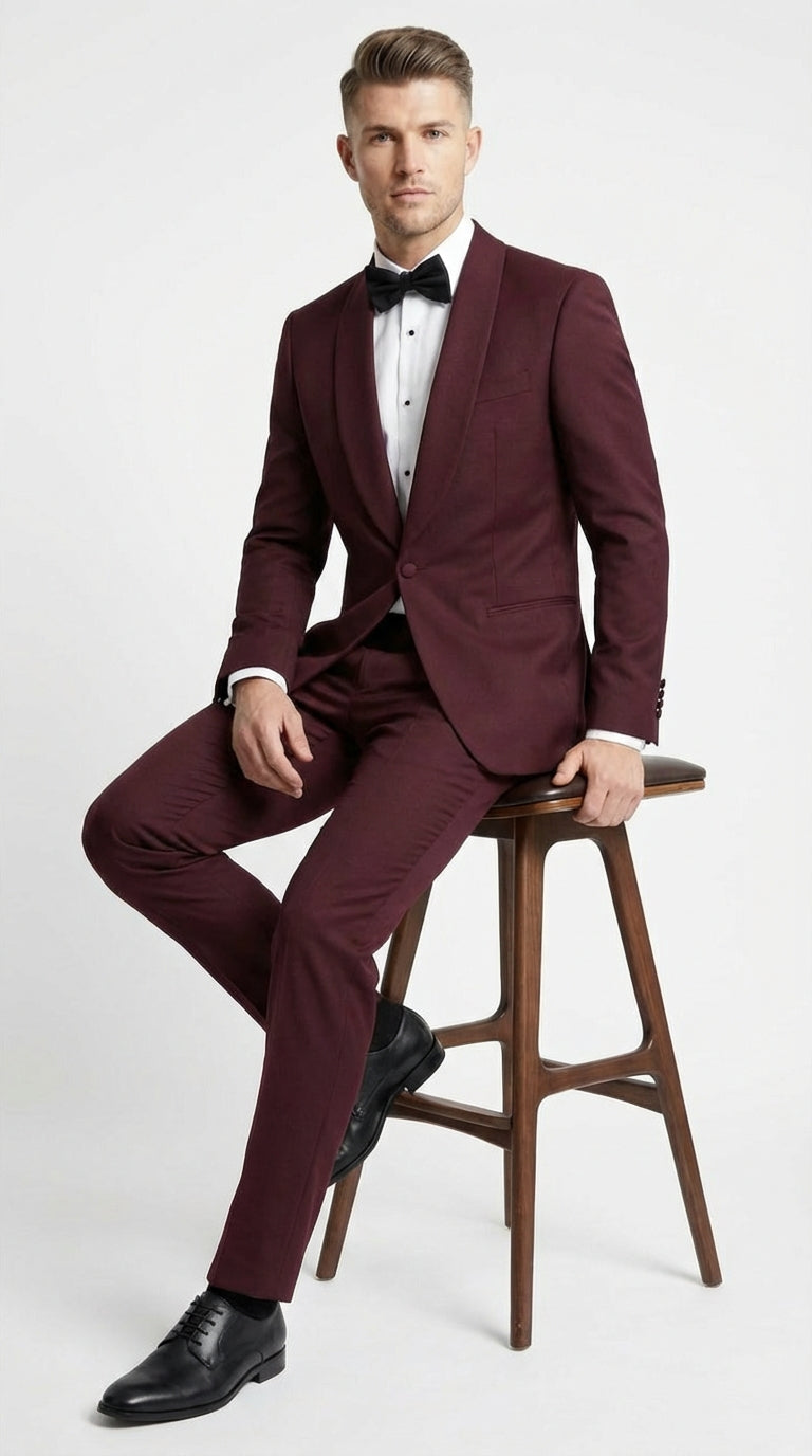 Men's Burgundy and Burgundy Shawl Lapel Tuxedo Suit | Classic Formal Wedding Prom Dinner Jacket Set - 34 Short or Extra Small