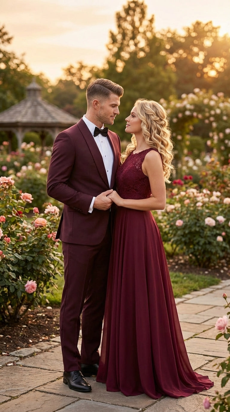 Men's Burgundy and Burgundy Shawl Lapel Tuxedo Suit | Classic Formal Wedding Prom Dinner Jacket Set - 34 Short or Extra Small
