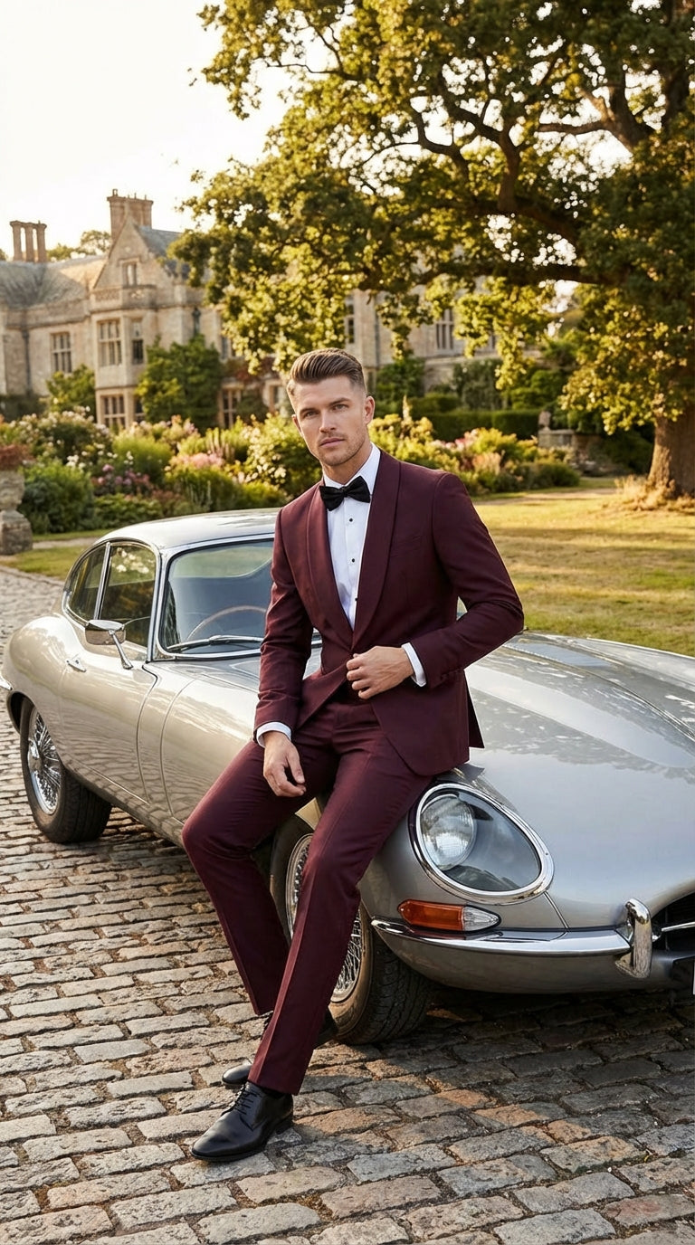 Men's Burgundy and Burgundy Shawl Lapel Tuxedo Suit | Classic Formal Wedding Prom Dinner Jacket Set - 34 Short or Extra Small