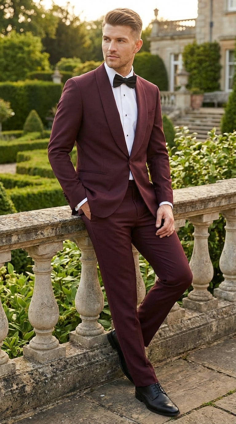 Men's Burgundy and Burgundy Shawl Lapel Tuxedo Suit | Classic Formal Wedding Prom Dinner Jacket Set - 34 Short or Extra Small