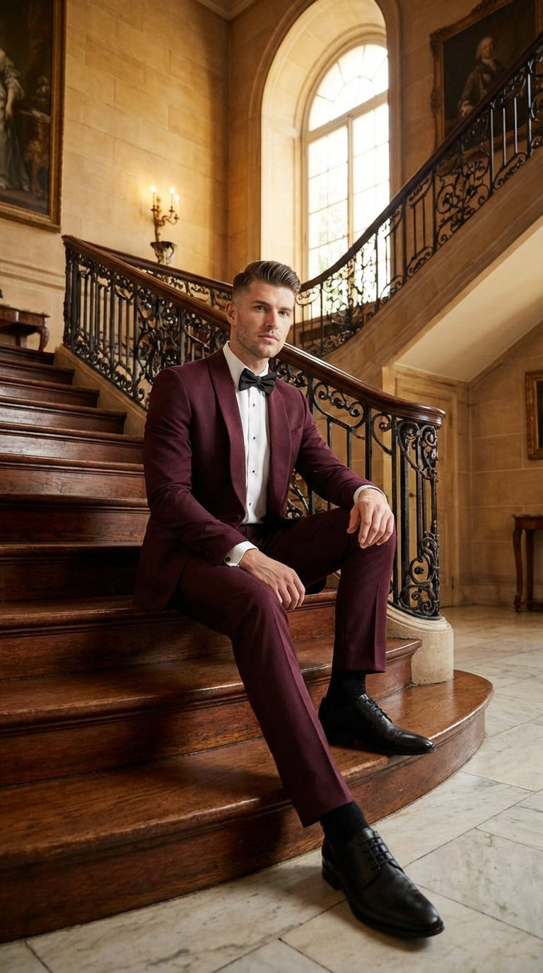 Men's Burgundy and Burgundy Shawl Lapel Tuxedo Suit | Classic Formal Wedding Prom Dinner Jacket Set - 34 Short or Extra Small