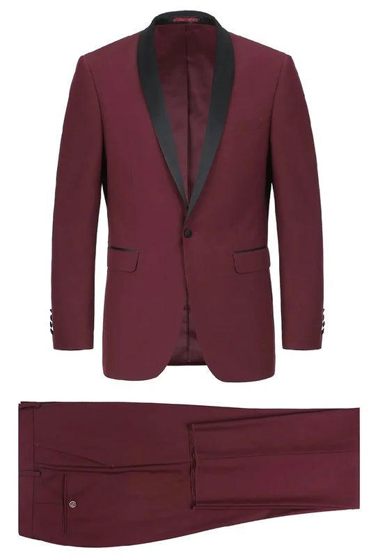 Mens 1 Button Shawl Lapel Wedding | Prom Tuxedo in Burgundy Burgundy Prom Suits