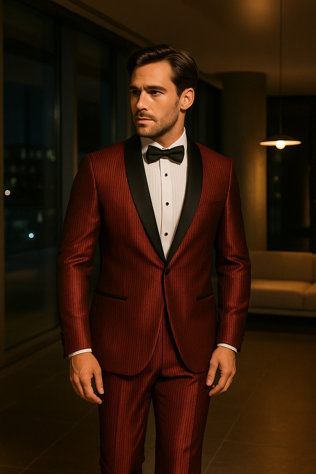 Men's Burgundy Shiny Tuxedo with Black Satin Shawl Lapel â€“ Ultra Slim Fit Party & Prom Suit - 34 Short or Extra Small