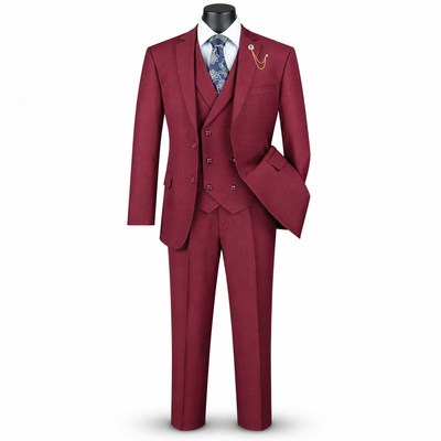 3-Piece Regular Fit Glen Plaid Suit with Notch Vest - Burgundy