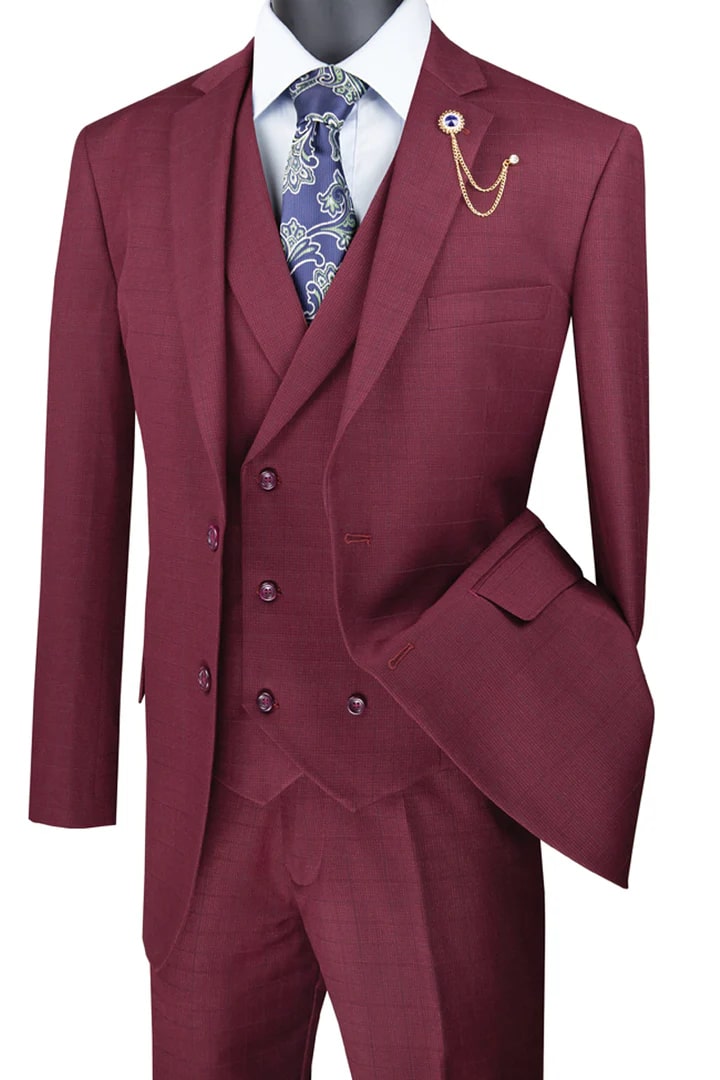 Cheap Suit - Mens 2 Button Double Breasted Vest Plaid Burgundy Suit