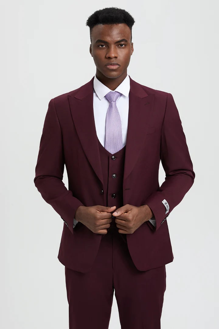 Cheap Suit - Men's Vested One Button Peak Lapel Stacy Adams Designer Burgundy Suit