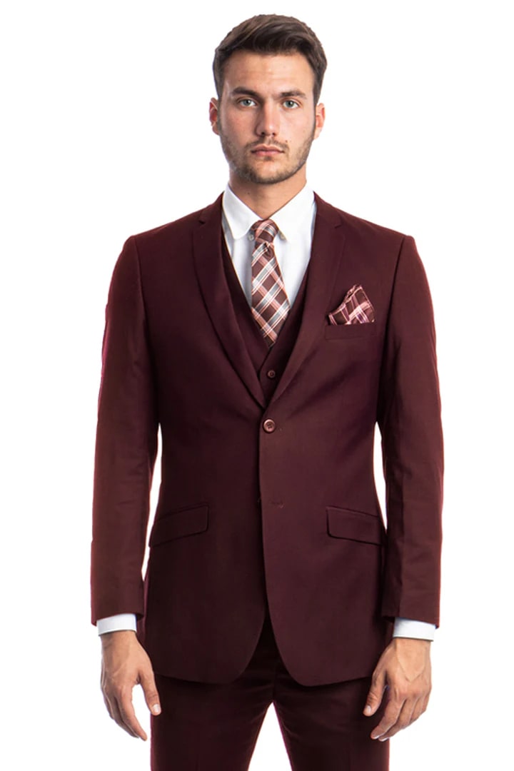 Cheap Suit - Men's Two Button Slim Fit Basic Vested Wedding Burgundy Suit