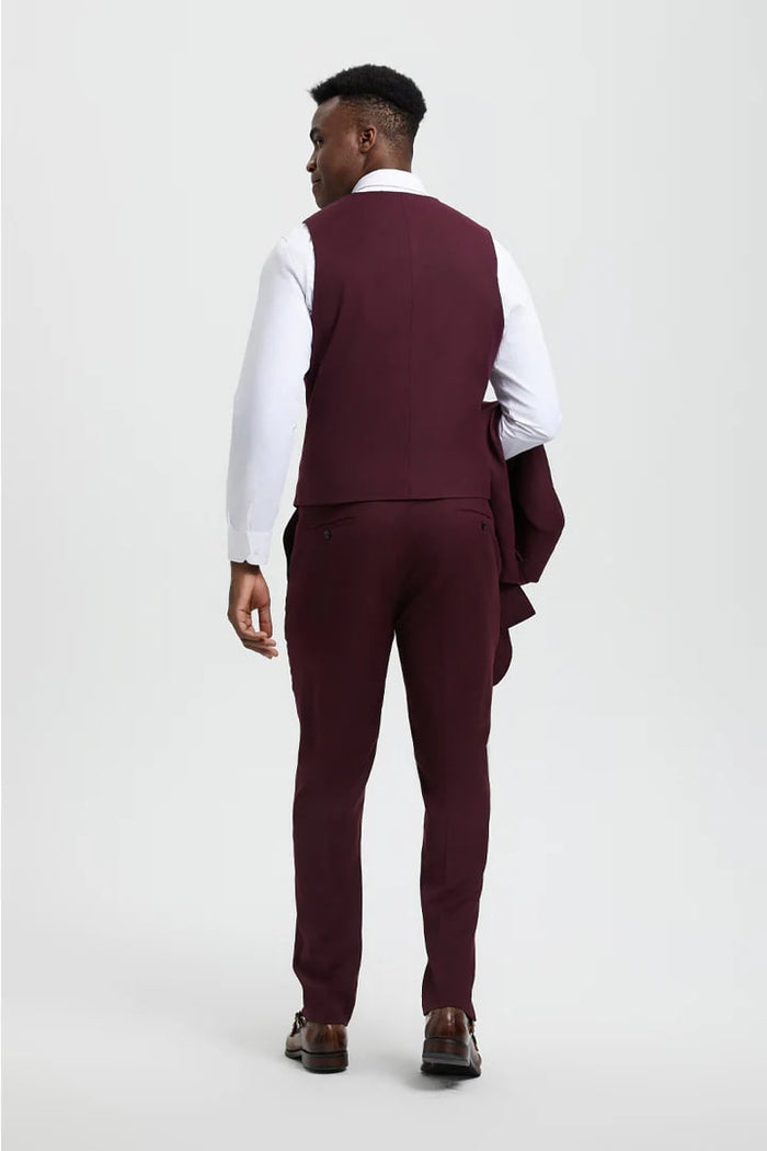 Cheap priced Suit - Men's Vested One Button Peak Lapel Stacy Adams Designer Burgundy Suit