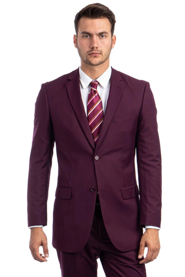 Cheap Suit - Men's Two Button Basic Modern Fit Business Burgundy Suit