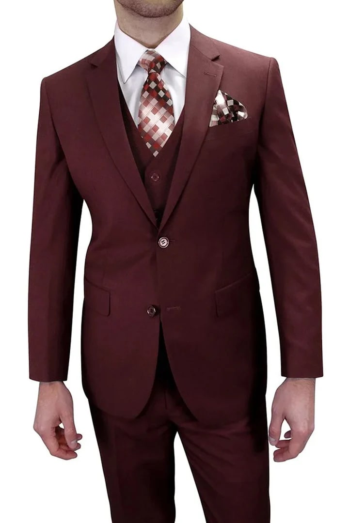 Cheap Priced Suit - Mens Two Button Classic Fit Vested Burgundy Suit - 38 Short Jacket+32 Waist Adjustable 28to34)(Height: 5 4 to5 7 )(Neck  15-16.5)S-M)