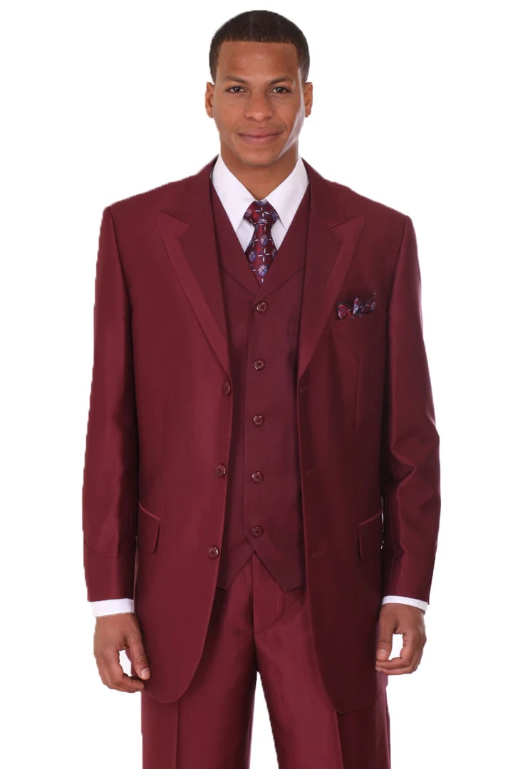 Cheap priced Suit - Mens 3 Button Vested Wide Peak Lapel Two Tone Sharkskin Burgundy Suit - 38 Short Jacket+32 Waist Adjustable 28to34)(Height: 5 4 to5 7 )(Neck  15-16.5)S-M)