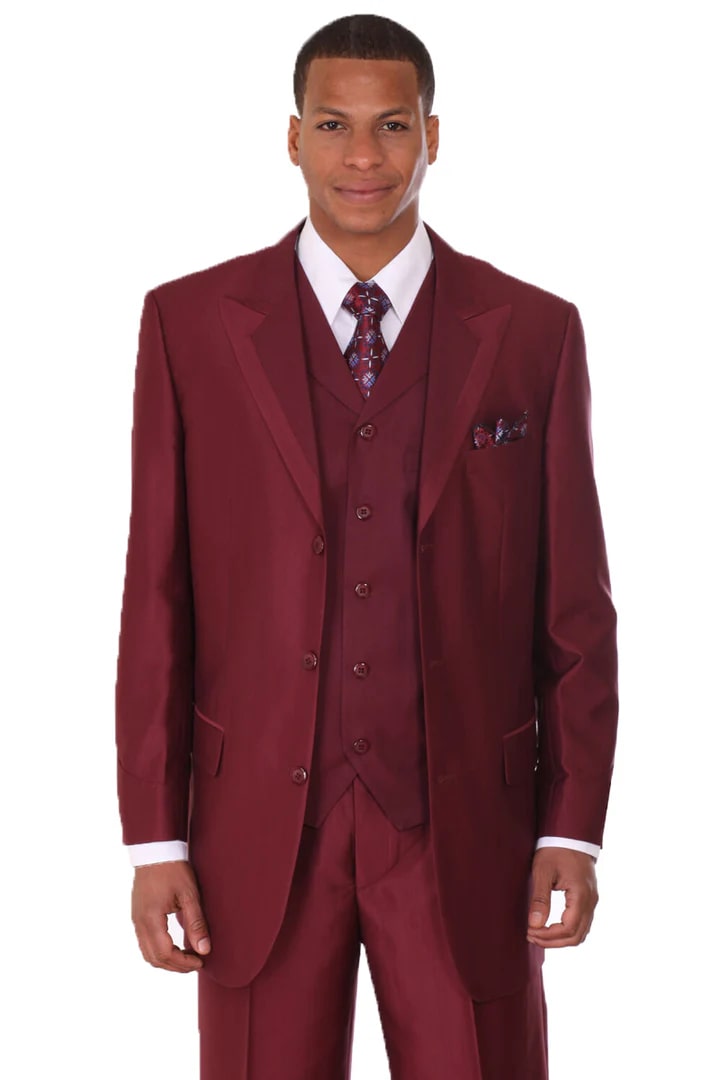 Cheap Suit - Mens 3 Button Vested Wide Peak Lapel Two Tone Sharkskin Burgundy Suit