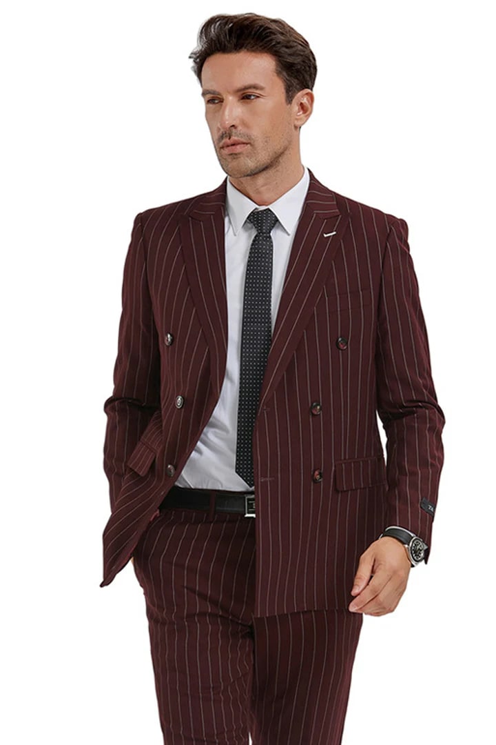 Cheap Suit - Men's Slim Fit Double Breasted Bold Gangster Pinstripe Burgundy Suit