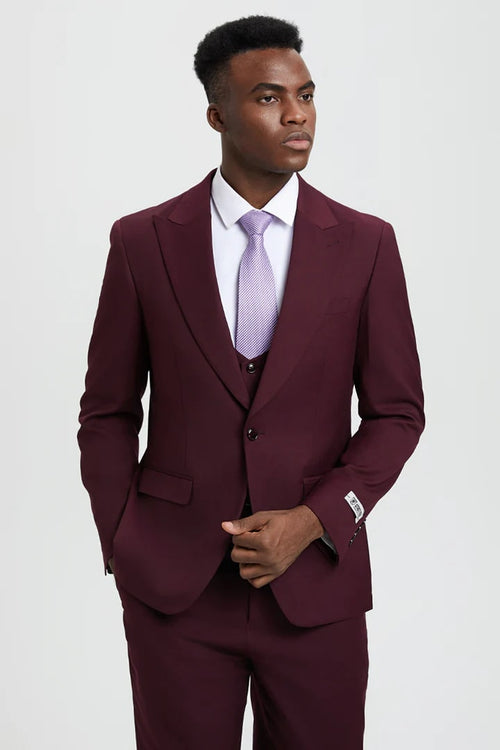 Cheap priced Suit - Men's Vested One Button Peak Lapel Stacy Adams Designer Burgundy Suit