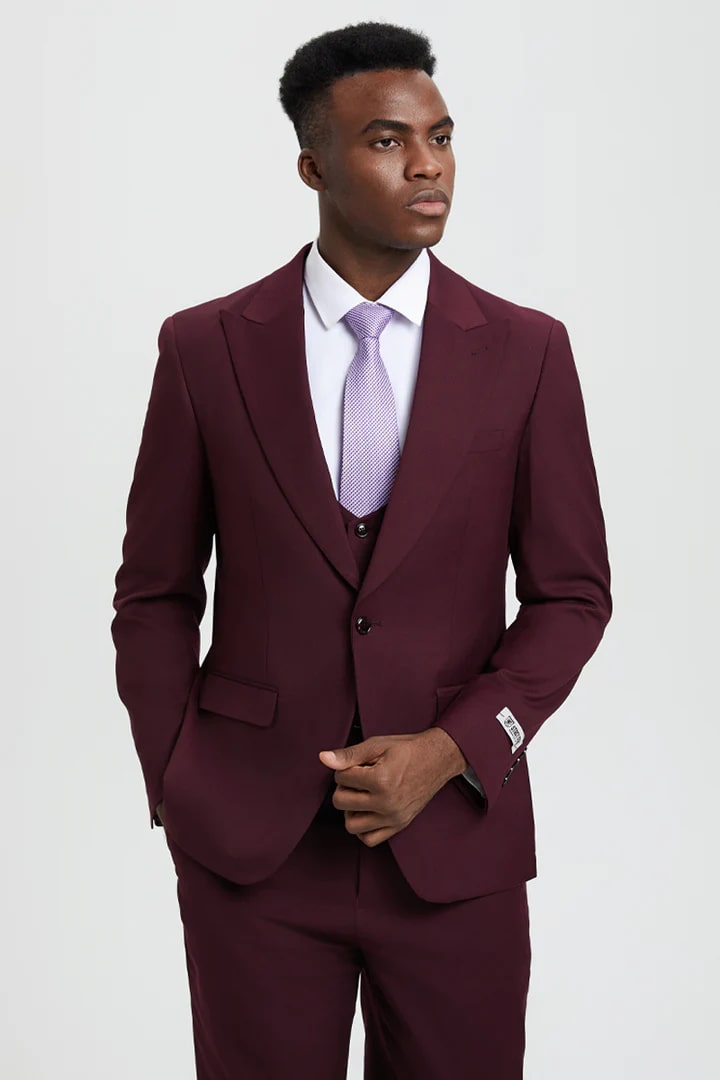 Cheap priced Suit - Men's Vested One Button Peak Lapel Stacy Adams Designer Burgundy Suit - 38 Short Jacket+32 Waist Adjustable 28to34)(Height: 5 4 to5 7 )(Neck  15-16.5)S-M)