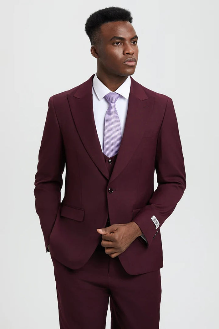 Cheap priced Suit - Men's Vested One Button Peak Lapel Stacy Adams Designer Burgundy Suit