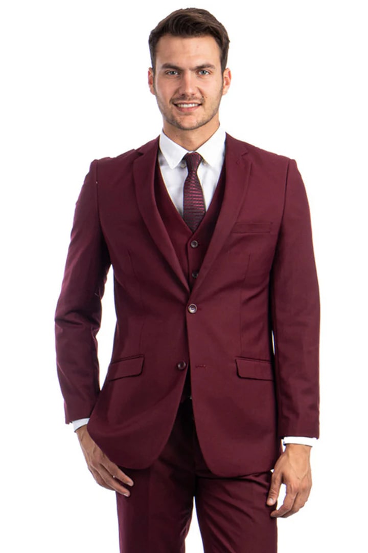Cheap Priced Suit  - Men's Two Button Basic Hybrid Fit Vested Burgundy Suit - 38 Short Jacket+32 Waist Adjustable 28to34)(Height: 5 4 to5 7 )(Neck  15-16.5)S-M)