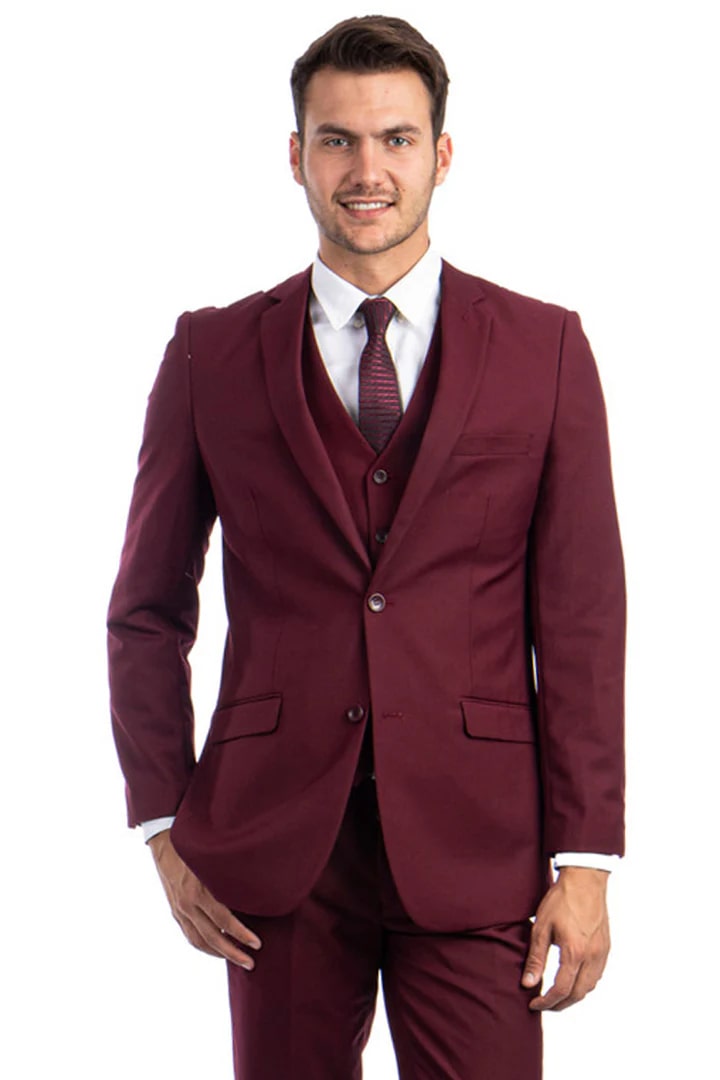 Cheap Suit - Men's Two Button Basic Hybrid Fit Vested Burgundy Suit