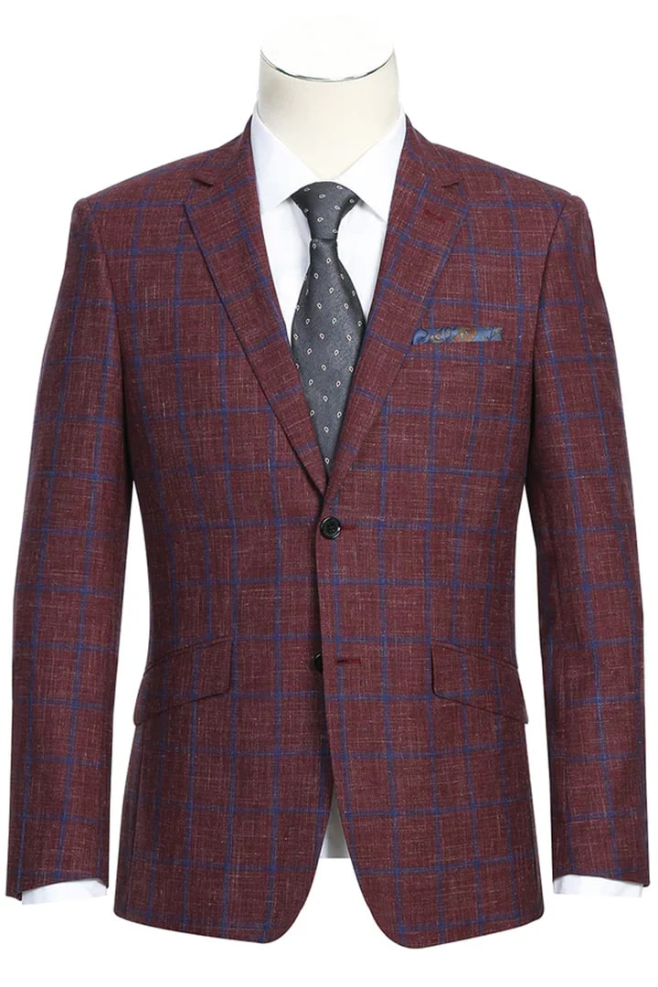 Mens Slim Fit Two Button Wool Sportcoat Windowpane Plaid Burgundy and Blue Blazer