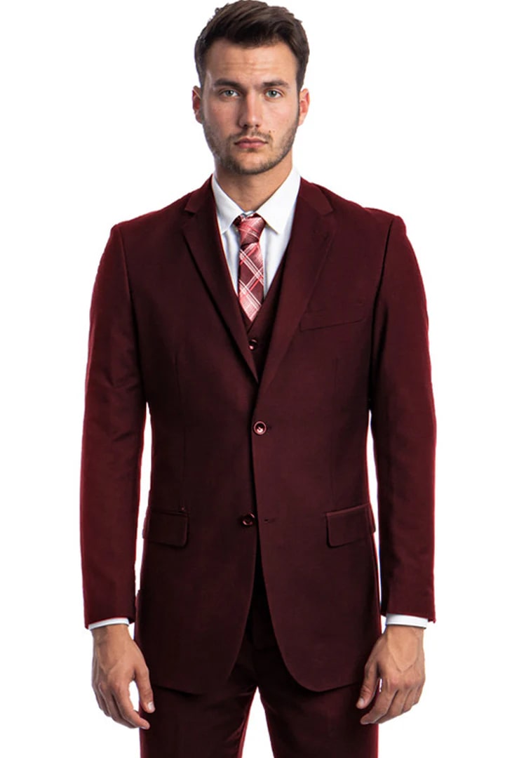 Cheap Suit - Men's Vested Two Button Solid Color Wedding & Business Burgundy Suit