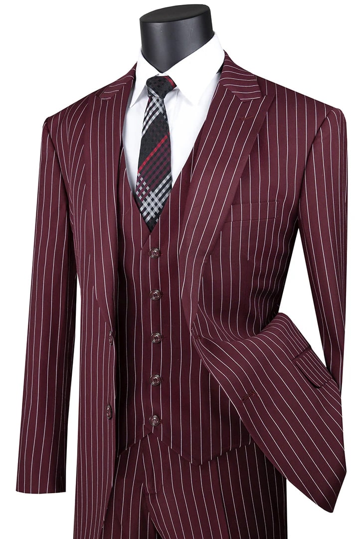 Cheap Suit - Mens Vested Bold Gangster Pinstripe Burgundy Suit