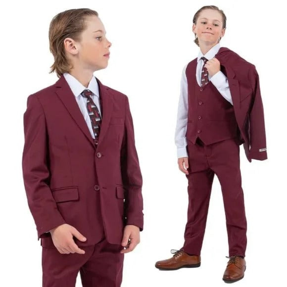 Exclusive Stacy Adams 5pc Boys Suit Solid Slim Fit, Burgundy - Boy Size : 4 (Weight 38 to 49)