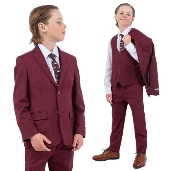 Exclusive Stacy Adams 5pc Boys Suit Solid Slim Fit, Burgundy