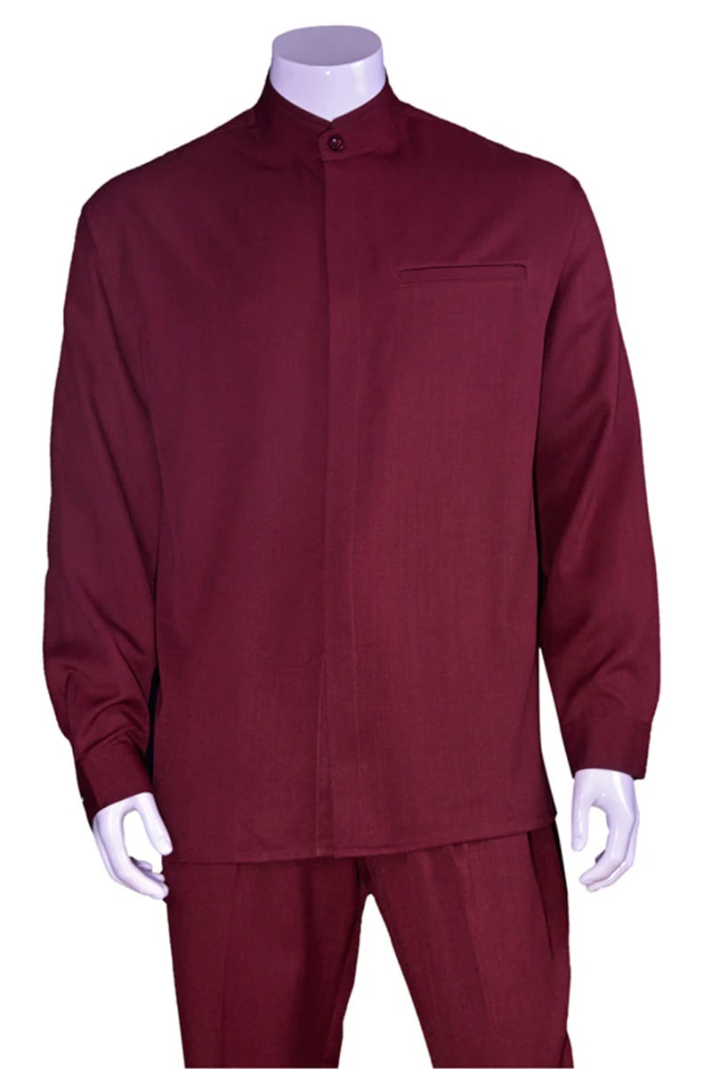 Mens Long Sleeve Mandarin Collar Casual Leisure Set in Burgundy - S