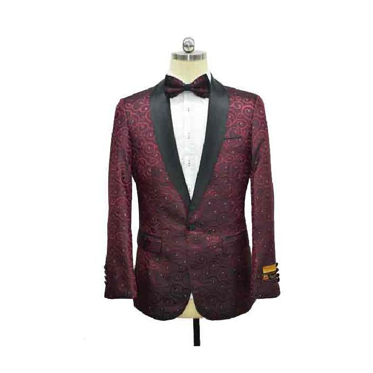 Burgundy Black Lapel Paisley Floral Tuxedo Sport Coat